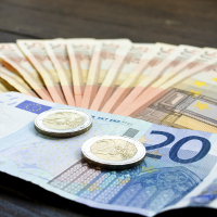 Imagen de muchos billetes 50 euros, 1 de 20 y dos monedas de 2 euros.