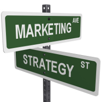 2 letreros verdes con palabras escritas en inglés: marketing y estrategia.