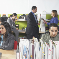 Personas trabajando en sus escritorios.